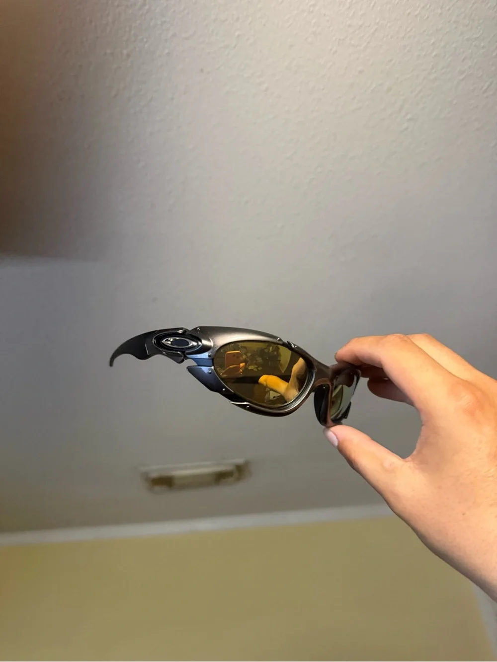 Oakley Style Men's Wrap Sunglasses - Metallic Gray Frame with Amber Lenses